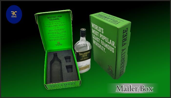 2 green mailer box with glass bottle one box is open